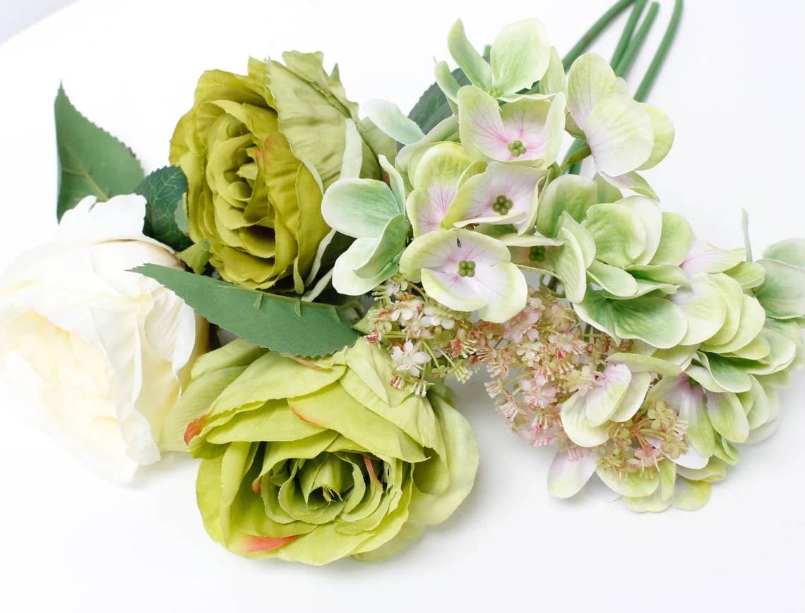 Angel Isabella - 12"-Rose Hydrangea Pre-tied bouquet Faux Flowers: Blush Ivory