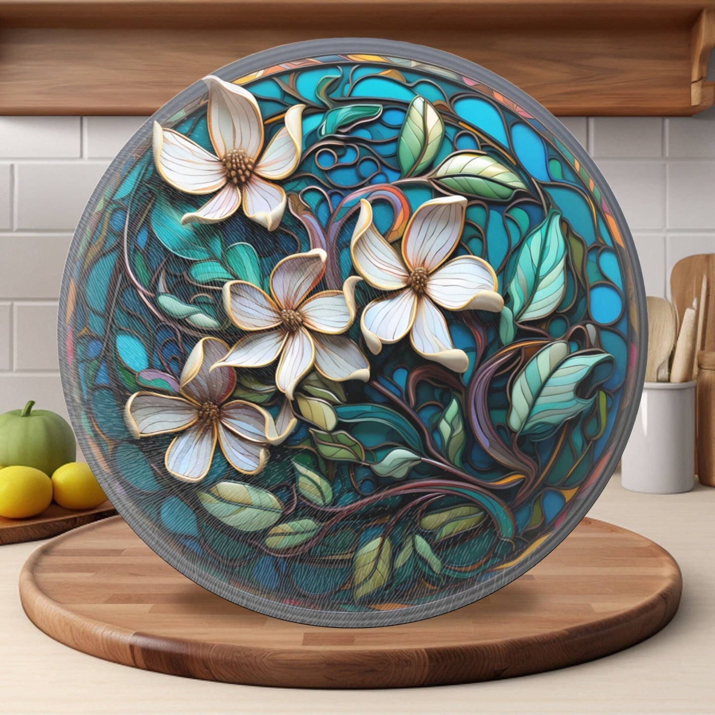 Fernville Creations - Magnolia Glass Cutting/Charcuterie Board & Kitchen Trivet: 12 Inch