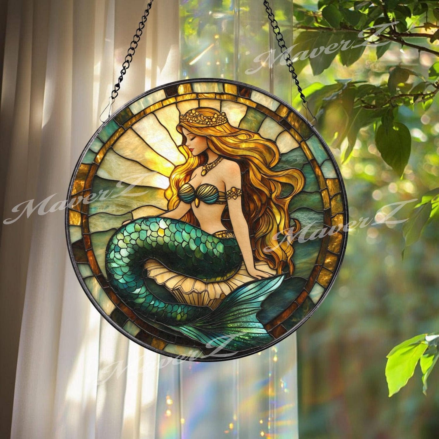 NVC Ecommerce LLC - Mermaid Princess Stained Glass Suncatcher, Sea Fantasy: 11.8in