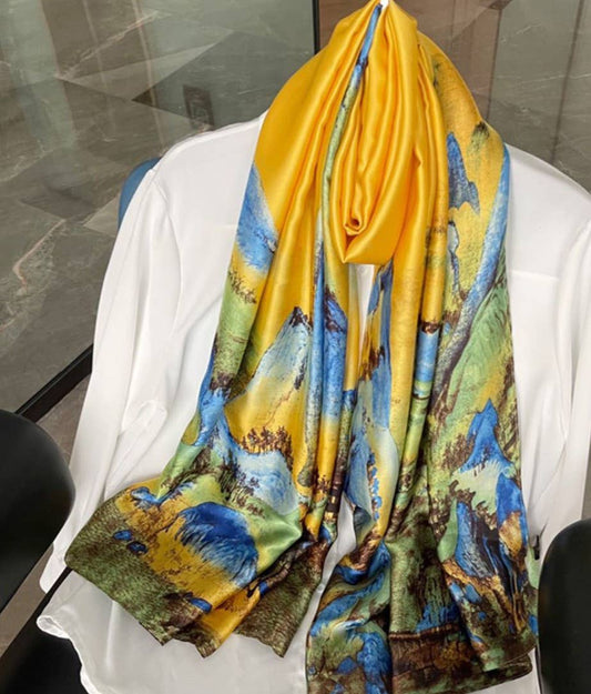 JC Sunny Fashion - JC023316 Silk-Feeling Yellow-Blue Mountain Painting Scarf