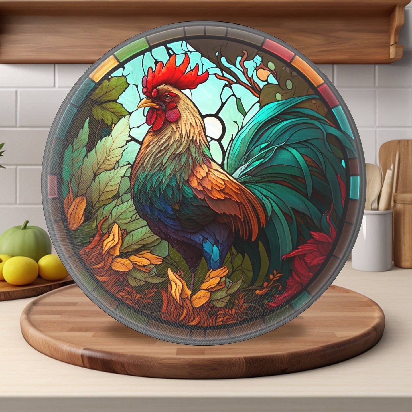 Fernville Creations - Rooster Tempered Glass Cutting & Serving Board: 12 Inch