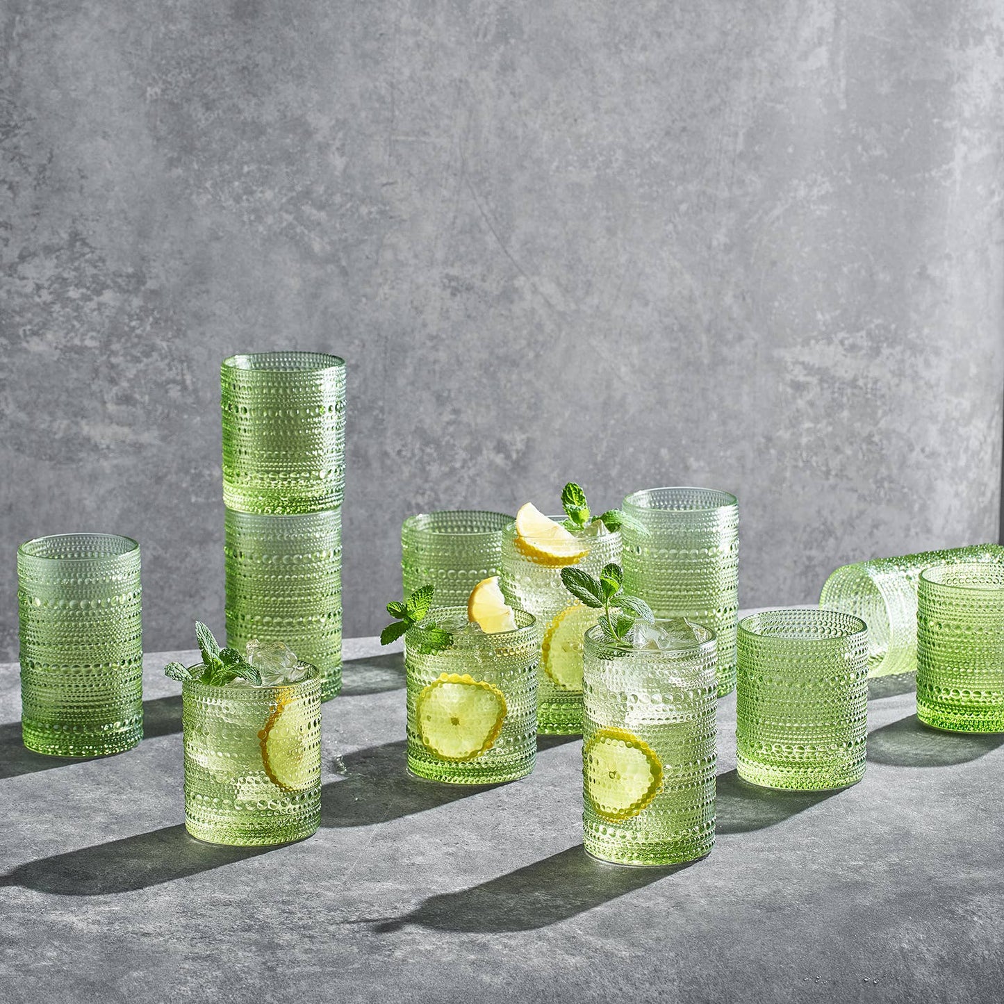 The Wine Savant /  Khen Glassware - Green Hobnail Glasses, 12 Set, 6x Low 11OZ + 6x High 12OZ
