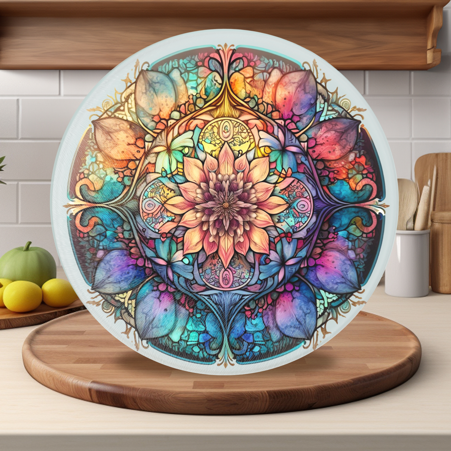 Fernville Creations - Mandala Cutting Board, Printed Image on Textured Glass: 12 Inch