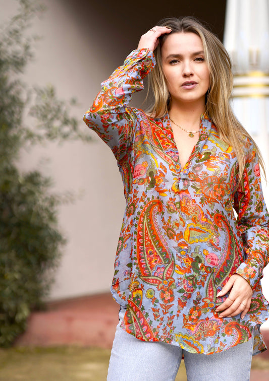Dolma - Anoushka Printed Paisley Top Blue: Blue / XL
