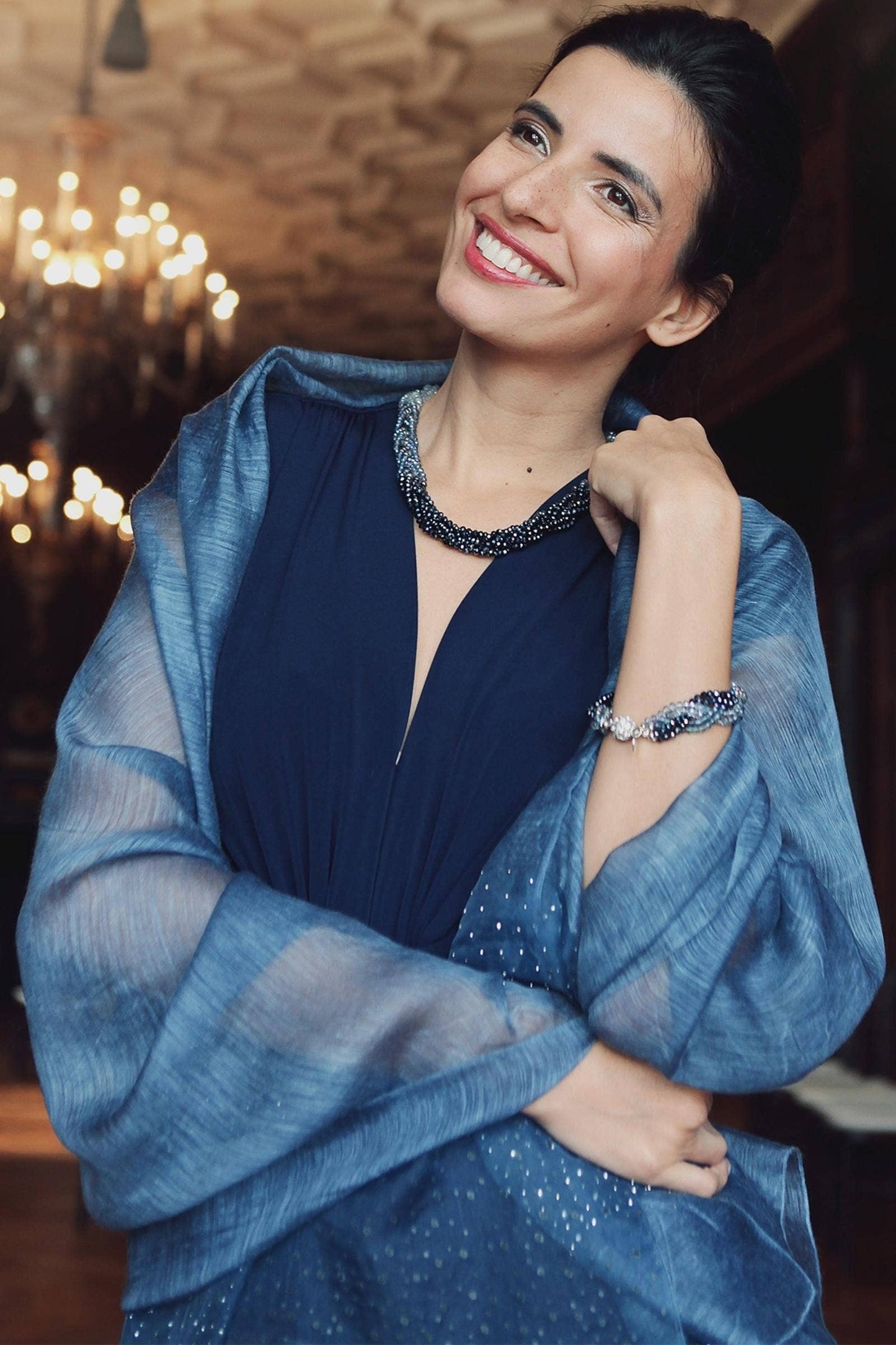 SAACHI - Star Gazer Wool Blend Sparkle Silk Scarf: Charcoal