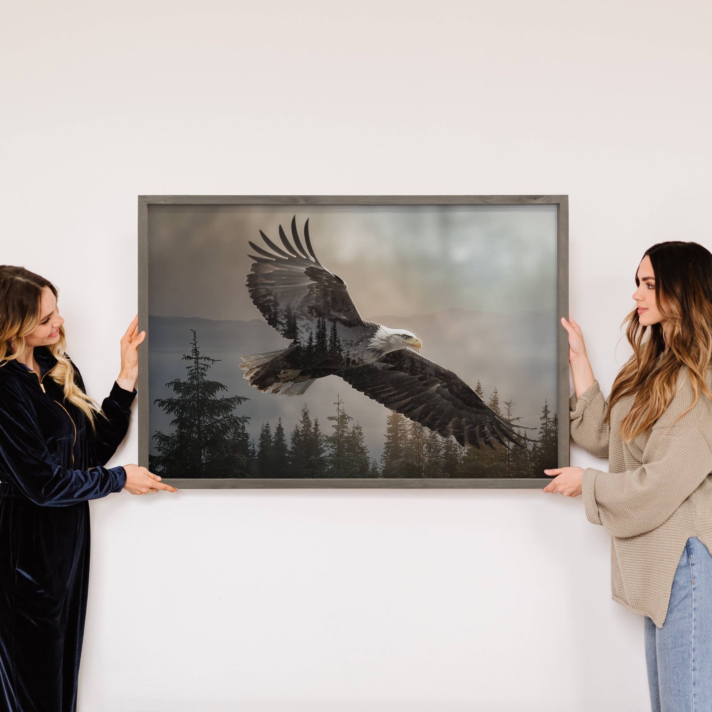 Hangout Home - Eagle Trees Double Exposure -Wood Framed Wildlife Canvas Art: 24x36" Extra Large Canvas Art with Thick Wood Frame