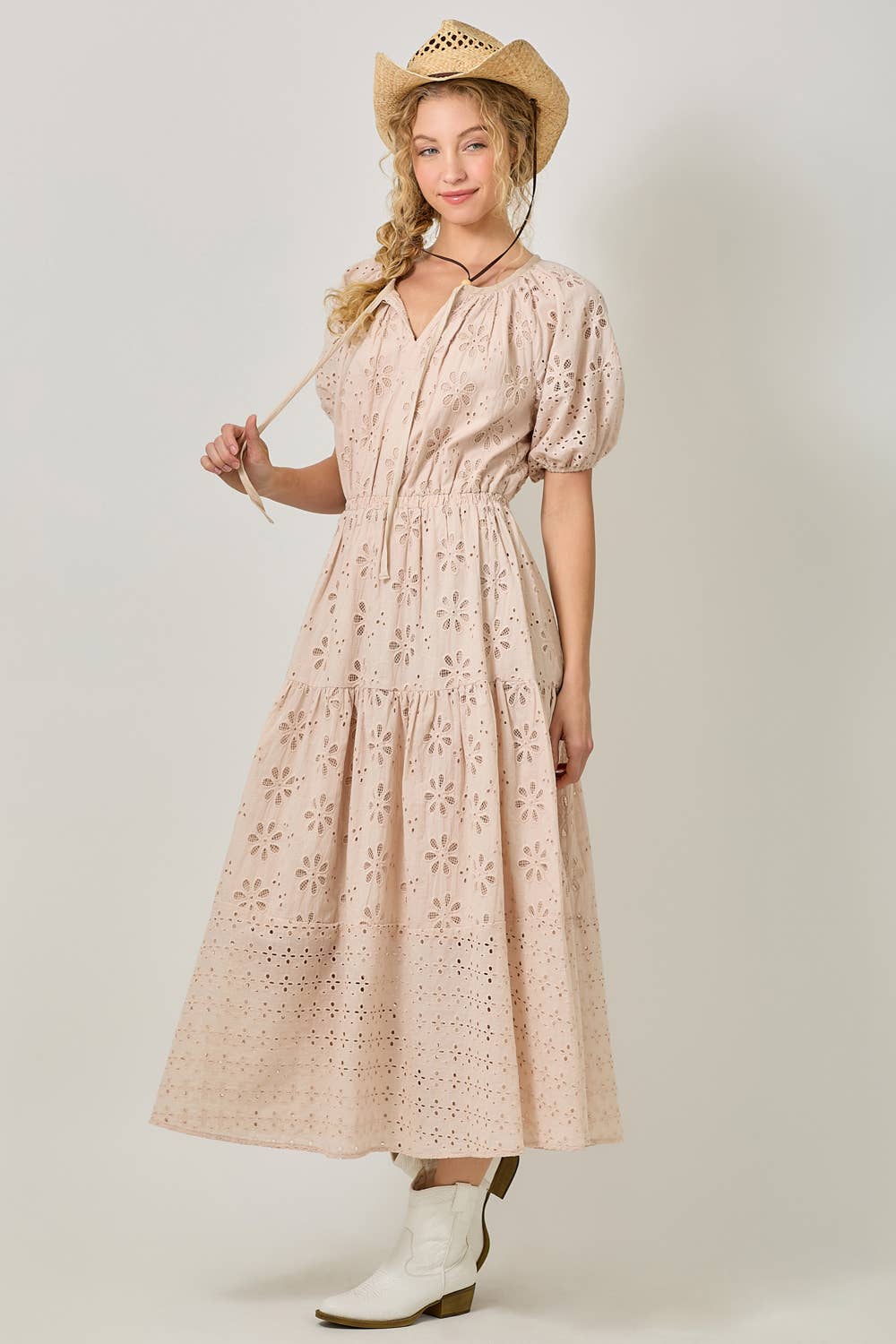 Mystree - 61037 Puff Sleeve Tiered Eyelet Dress: Ivory / Small
