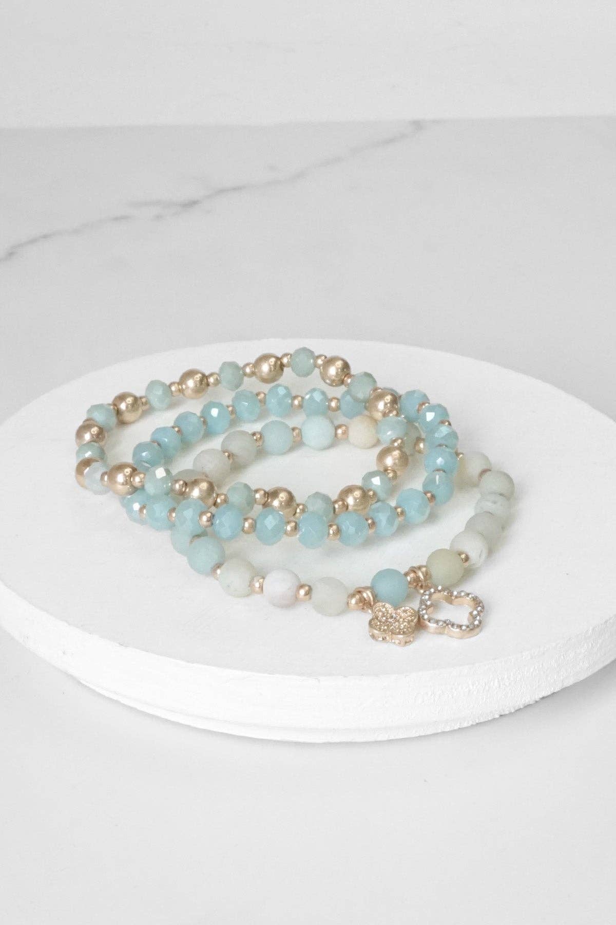 PennyLine inc - Beaded Bracelet Set Clover Amazonite Metal Glass Beads Gold tone