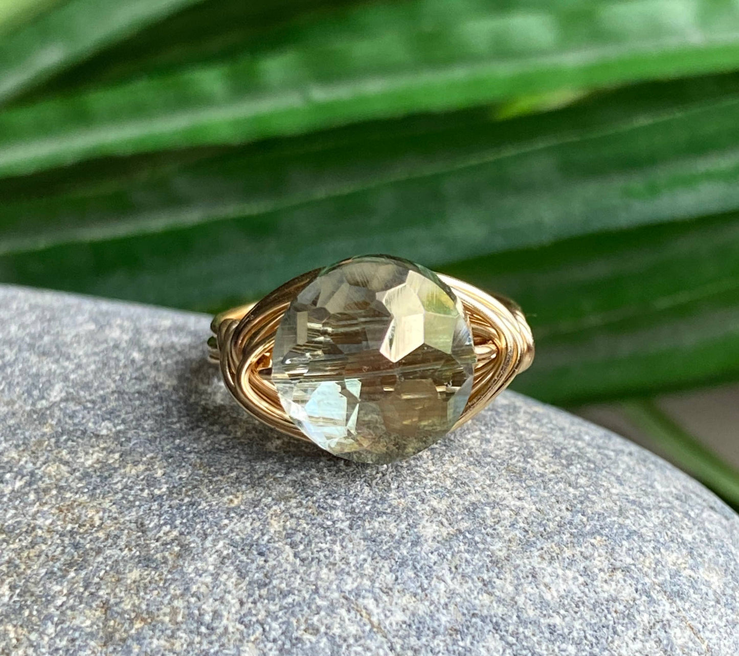 Marble Designs Jewelry - Olive Green Crystal Statement Gold Ring: Gold / 8