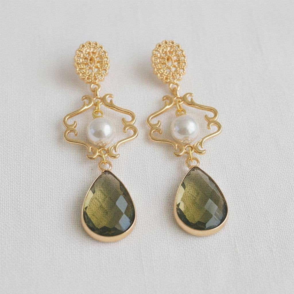 Ellemadera - Pearl & Olive Green Crystal Dangle Earrings