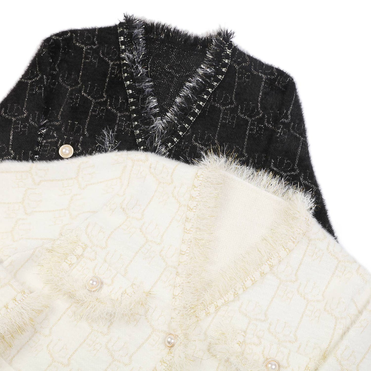 PEACH ACCESSORIES -  Elegance Bouclé Cardigan with Pearl Accents SD190: Black