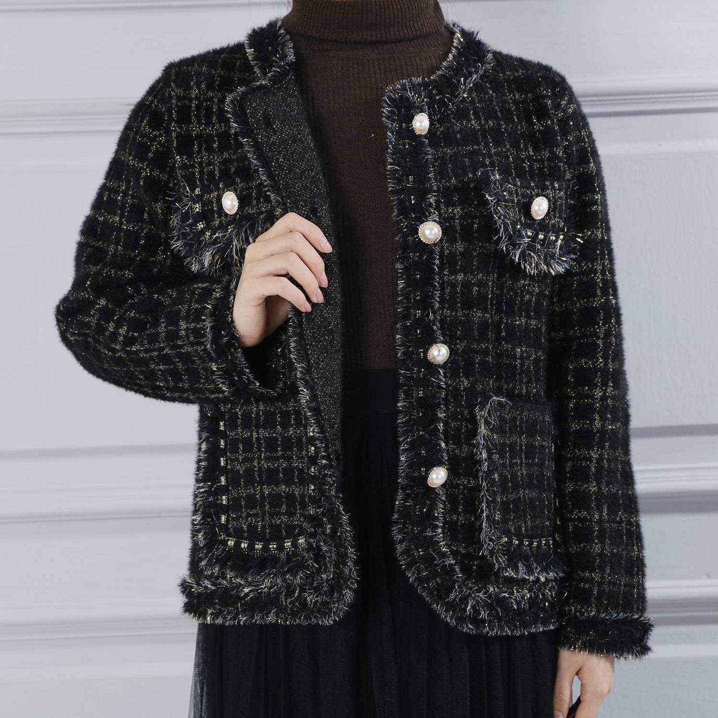 PEACH ACCESSORIES -  Fringed Hem and Cuffs Cardigan with Pearly Buttons SD187: Pink