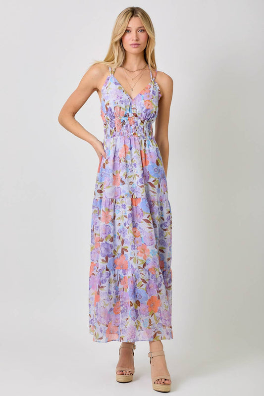 Mystree - 60487 Printed Long Tiered Dress : Lavender Mix / Small