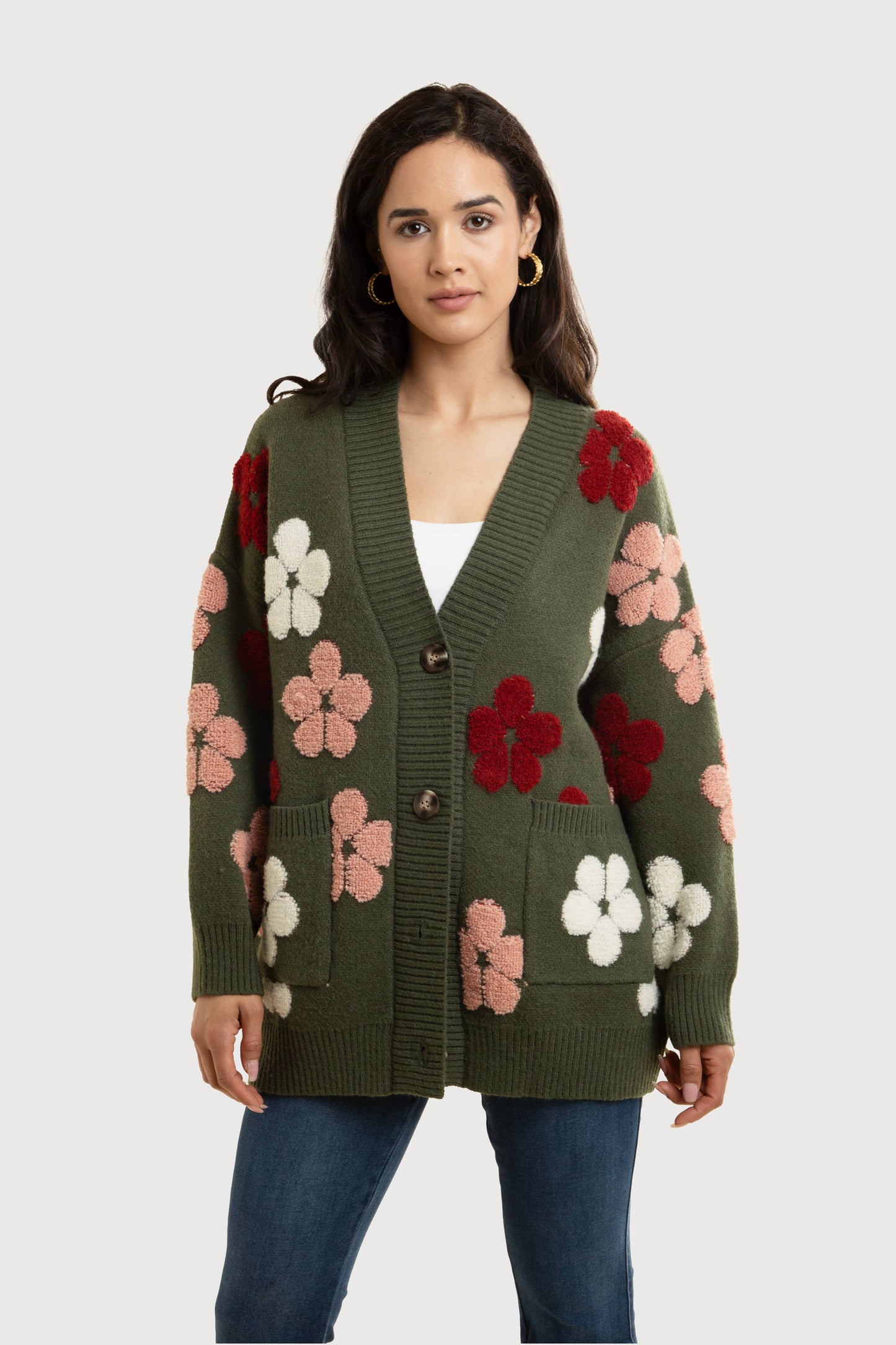 SAACHI - Autumn Floral Knit Cardigan: Green