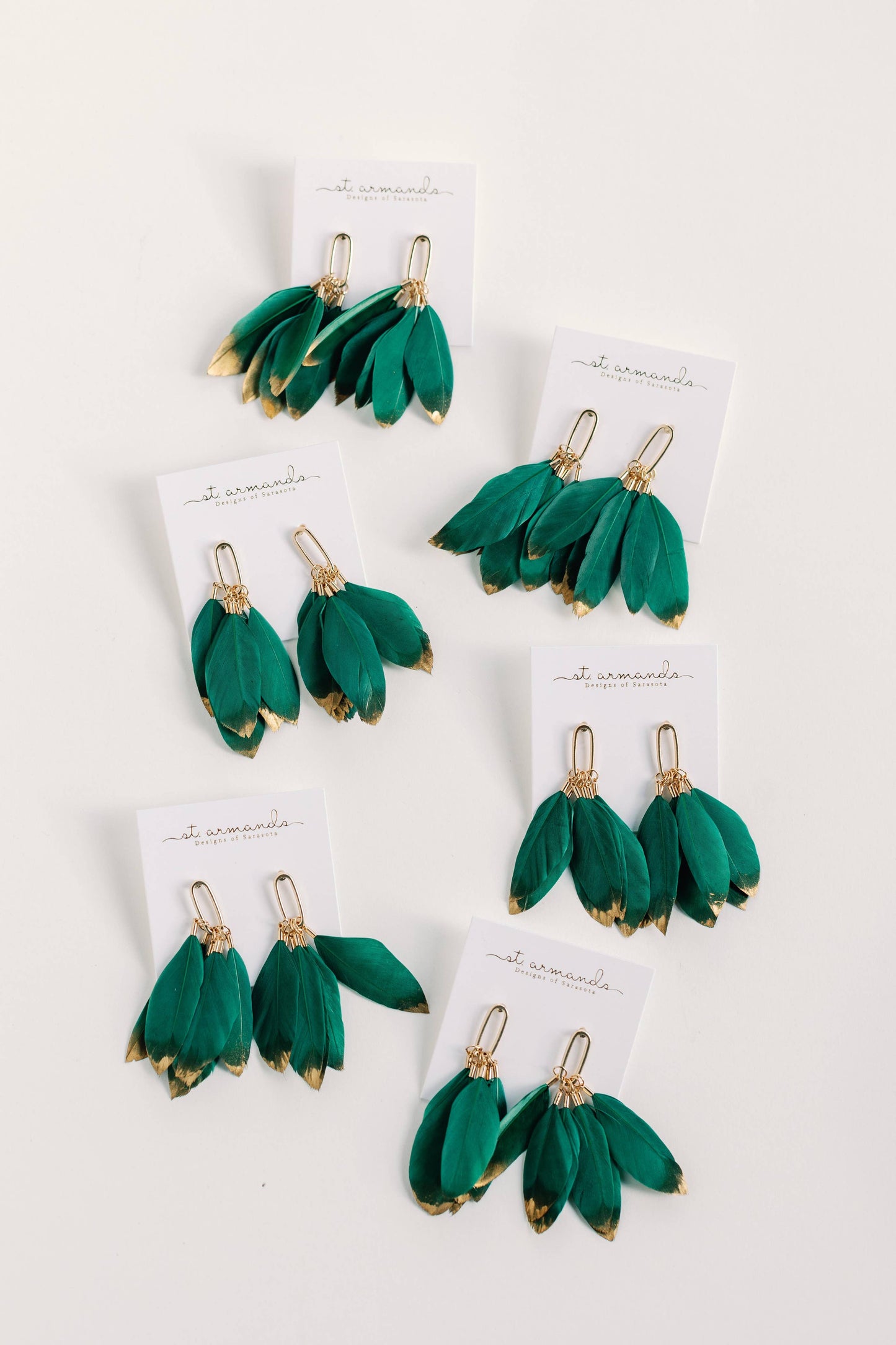 St Armands Designs of Sarasota - Emerald Gold Dipped Feather Tassel Statement Earrings