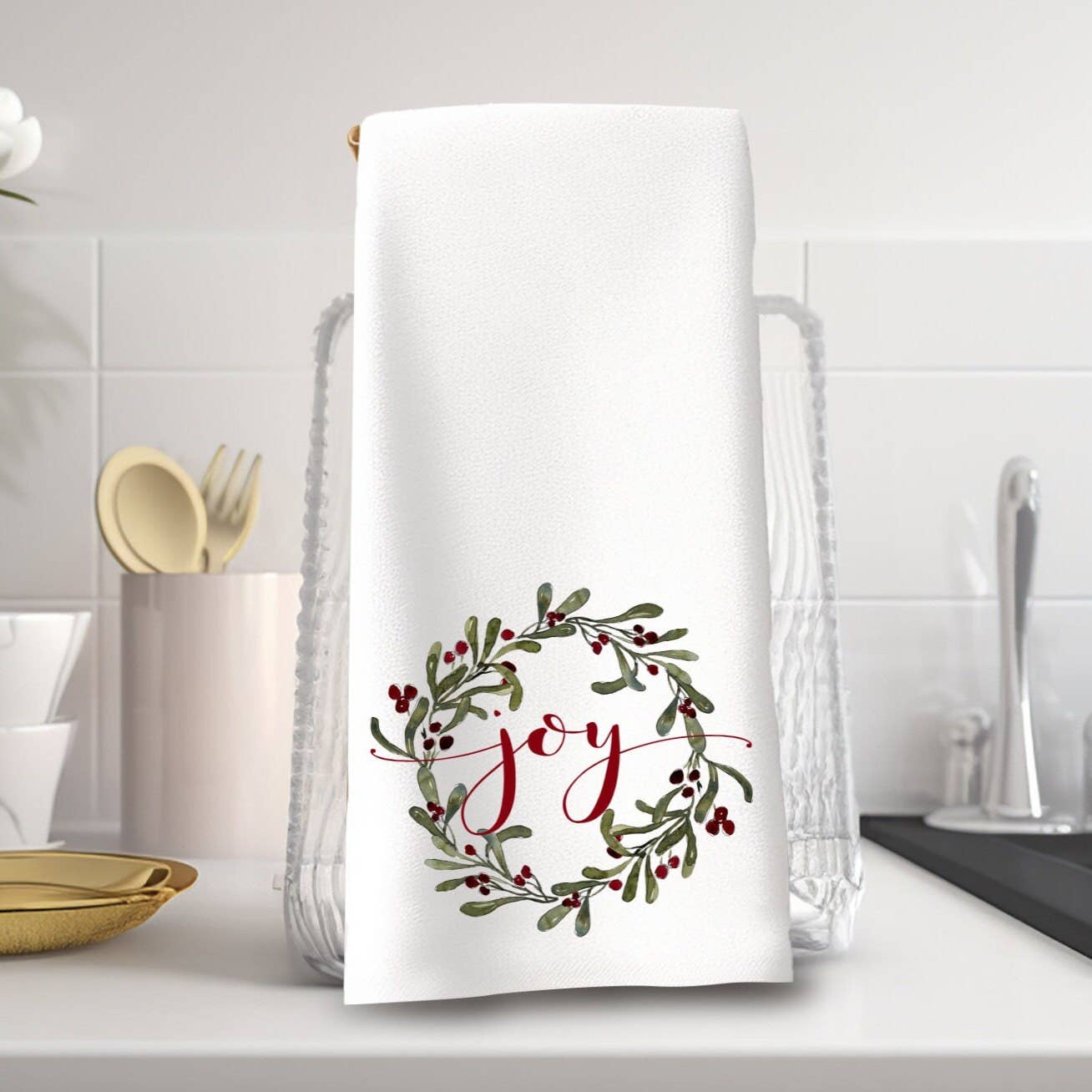 Fernville Creations - Elegant Christmas "Joy" Wreath Holiday / Winter Hand Towel