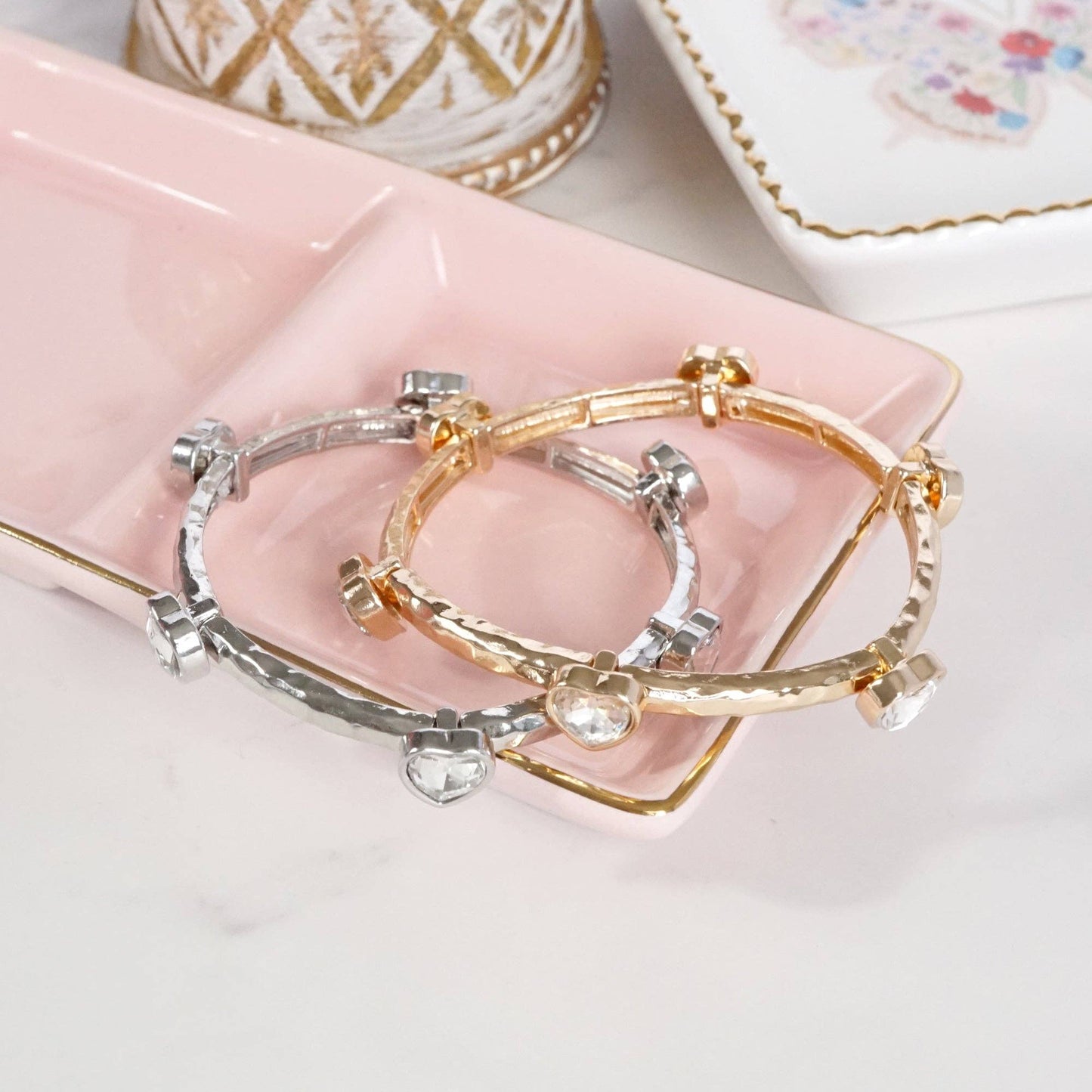 PennyLine inc - Heart Faceted Crystals Stretchy Stackable Station Bangles – Gold & Silver Tone: Silver Tone