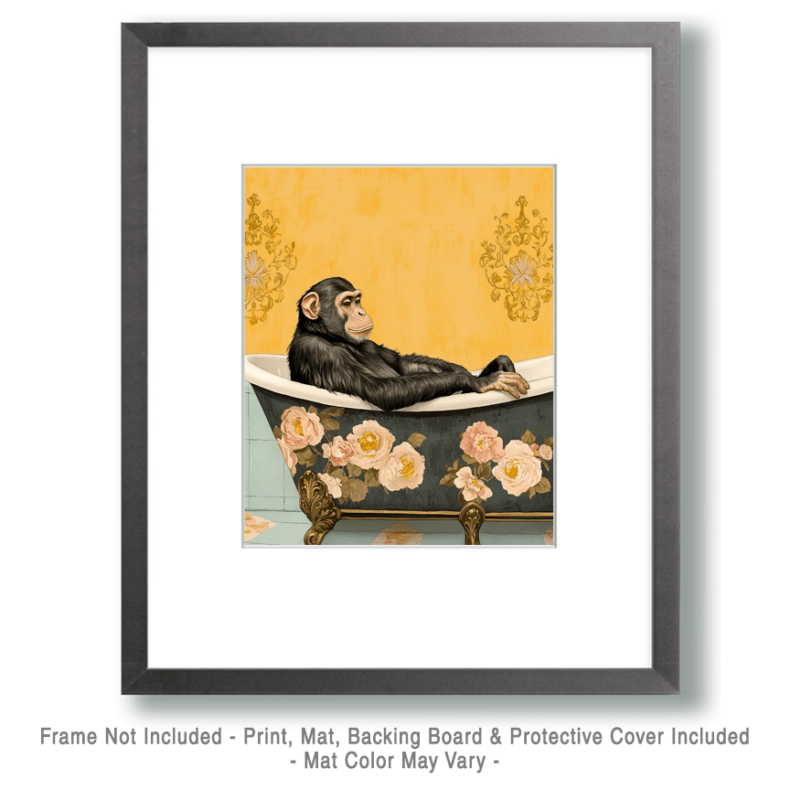 Mowbi - Monkey in Bathtub - Bathroom Wall Art Prints – 8″x10″ Artwork for 11″x14″ Frame