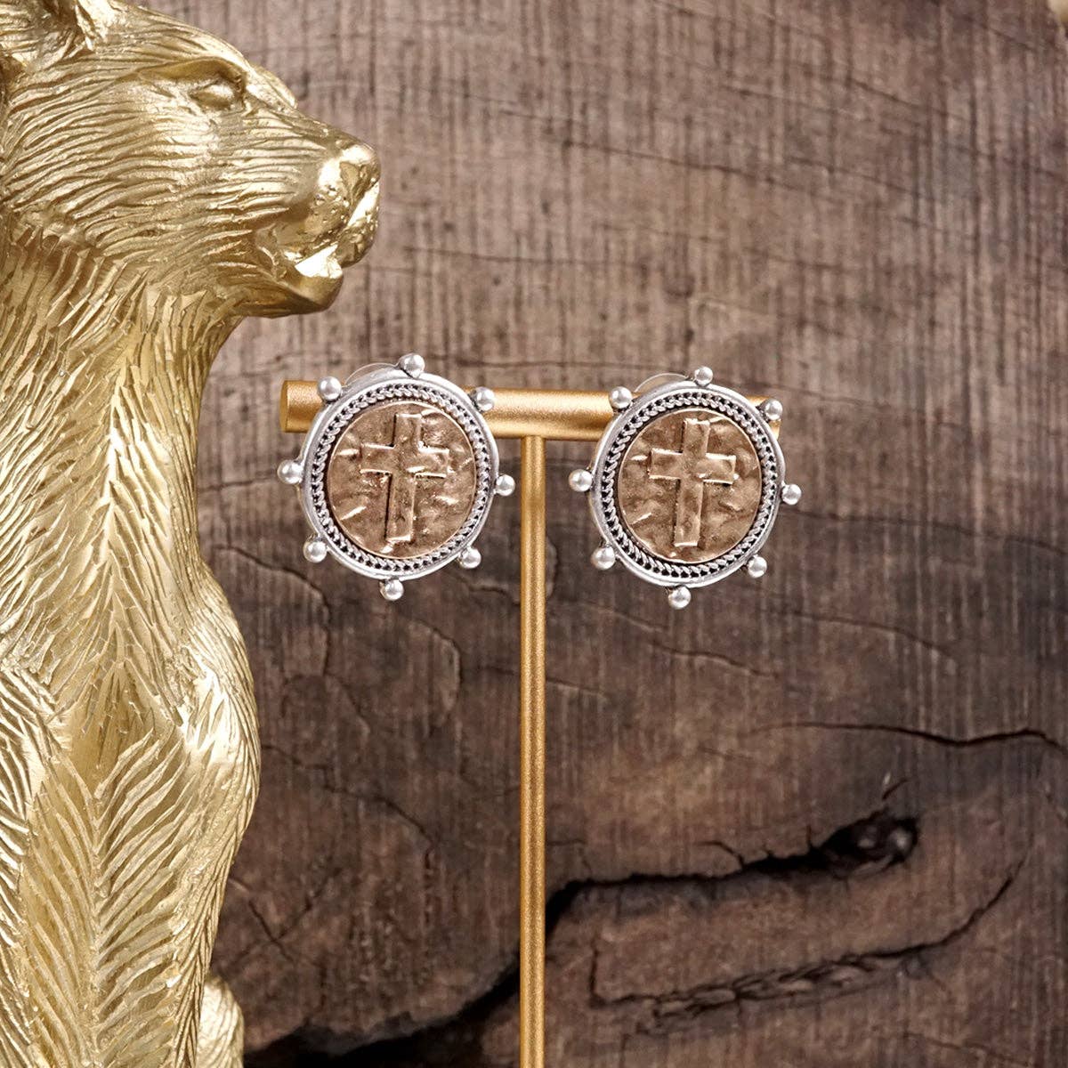 PennyLine inc - Divine Duo – Two-Tone Cross Coin Stud Earrings: Gold Frame-Silver Coin