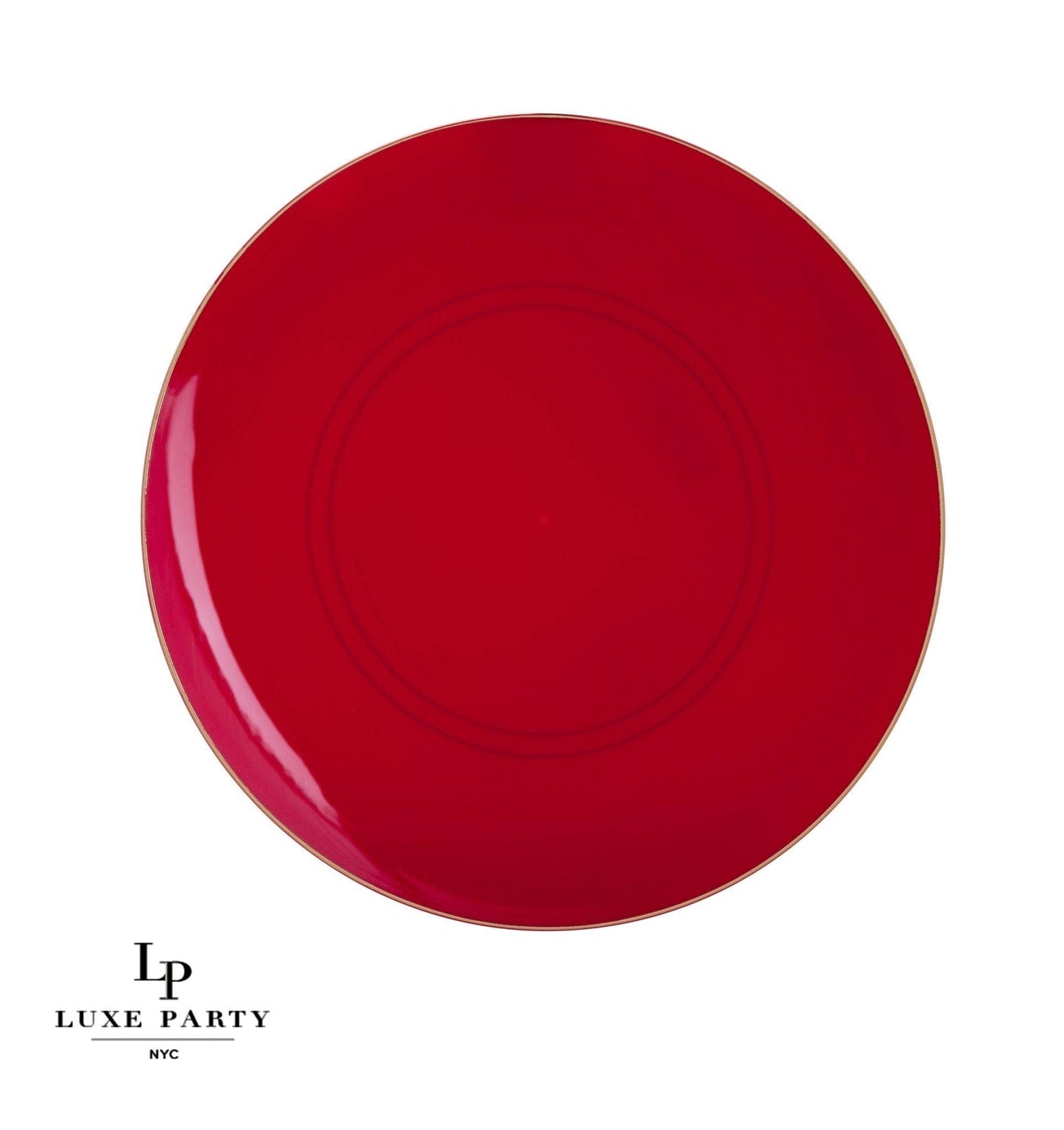 Luxe Party - Red • Gold Round Plastic Plates | 10 Pack: 10 Plastic Plates / 10.25" Dinner Plates
