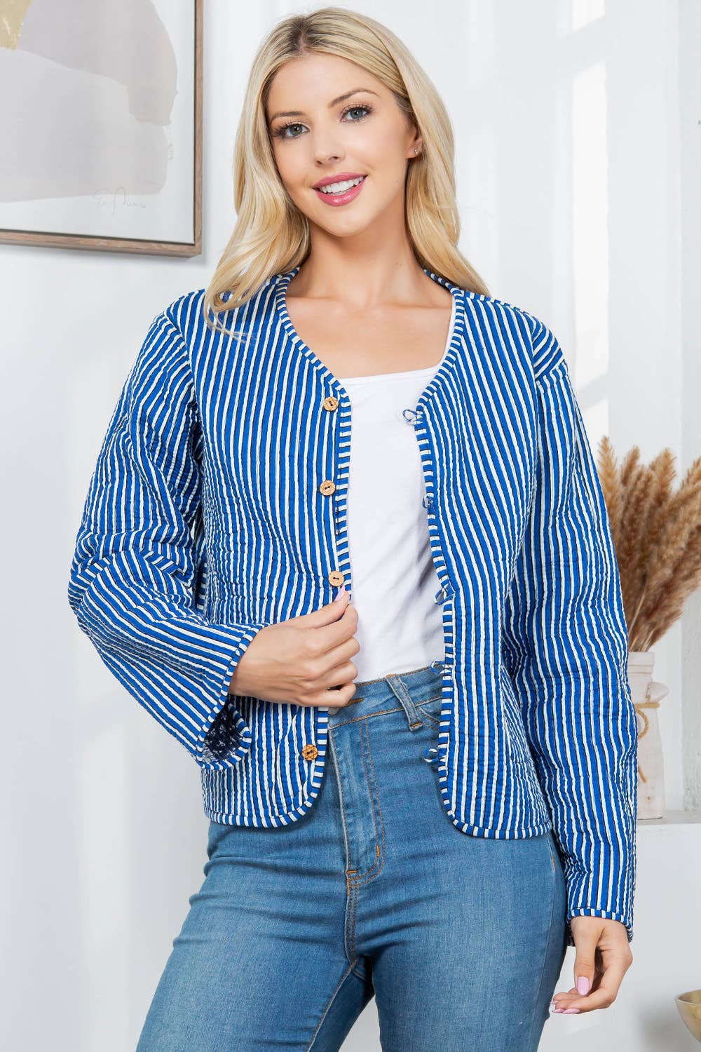 LA Soul - Floral Print Quilted Patch Cotton Jacket - Blue: M