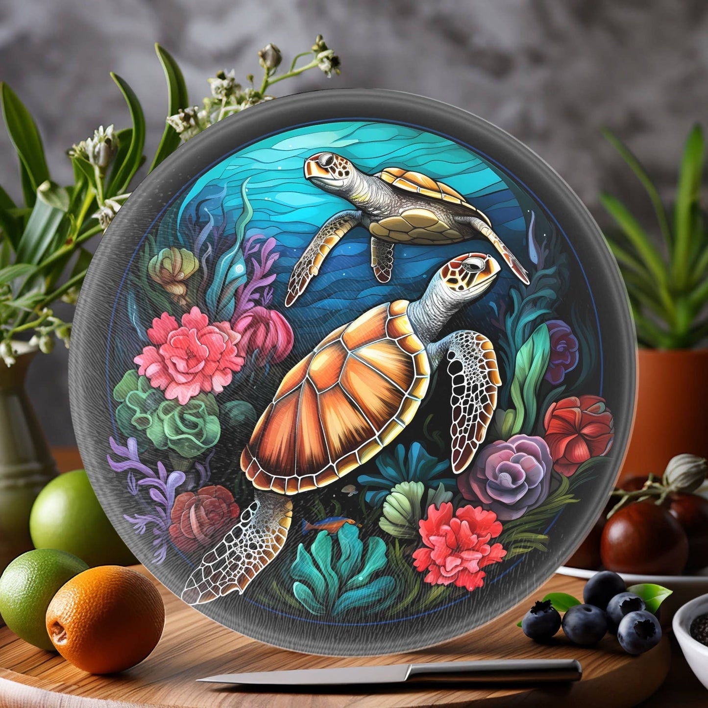 Fernville Creations - Turtle Tempered Glass Cutting & Serving Board: 12 Inch