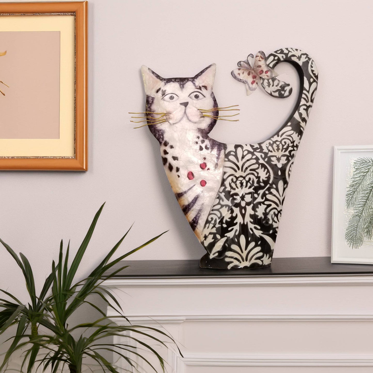 Eangee Home Design - Cat Wall Decor White And Black, Capiz & Metal, Outdoor Safe