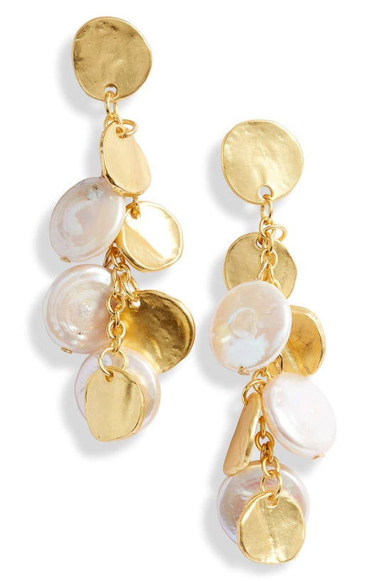 KARINE SULTAN - Coin and flat pearl chandelier drop earring: Gold