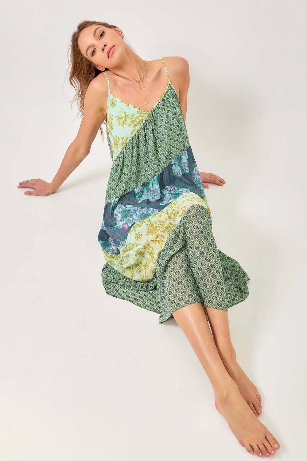 Mystree - 60071 Print Mixed Maxi Dress: Lavender Mix / Small