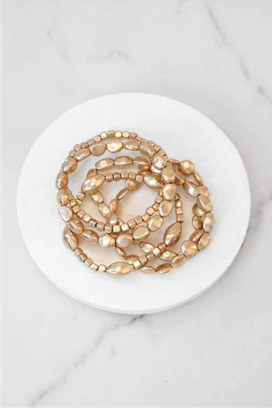 PennyLine inc - Boho Gold and silver Beaded Bracelets stack of 5: Worn Gold Tone