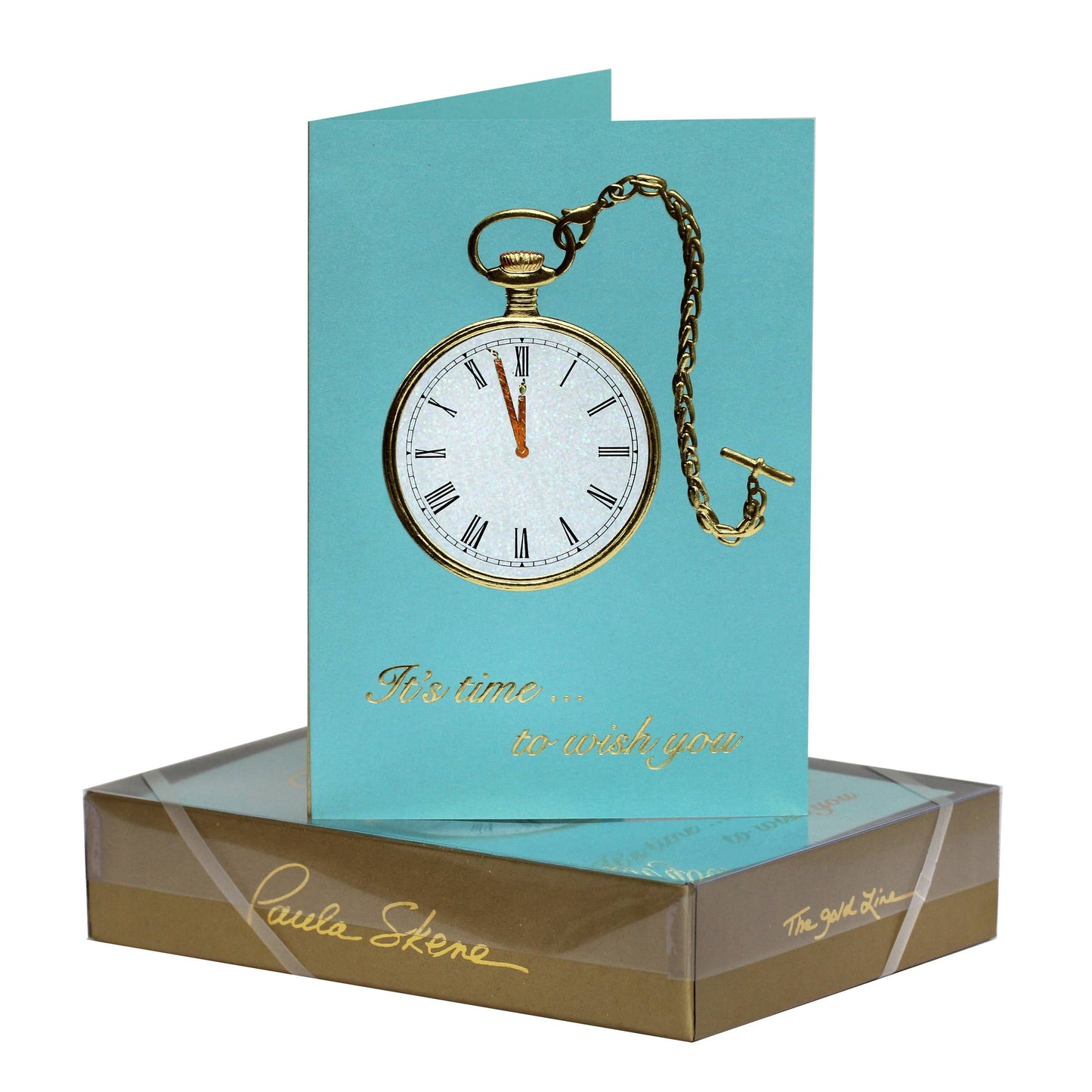 PAULA SKENE DESIGNS - Pocket Watch on Teal Birthday Card