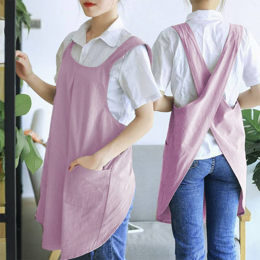 NINEXIS - CWAB3993_COTTON AND LINEN SOLID COLOR TIE-FREE WORK APRON: PINK / (OS) 1