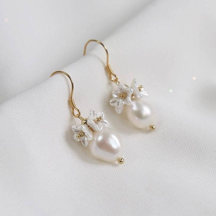 Haengseongworkshop - 18K Gold Plated Freshwater Pearls with Flower Beads Earrings: Dangle