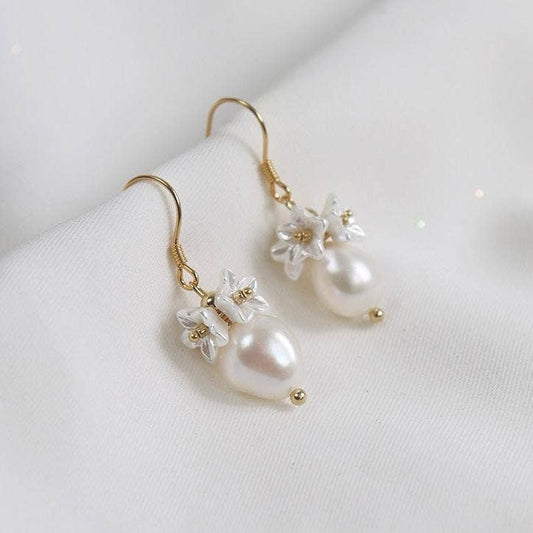 Haengseongworkshop - 18K Gold Plated Freshwater Pearls with Flower Beads Earrings: Dangle