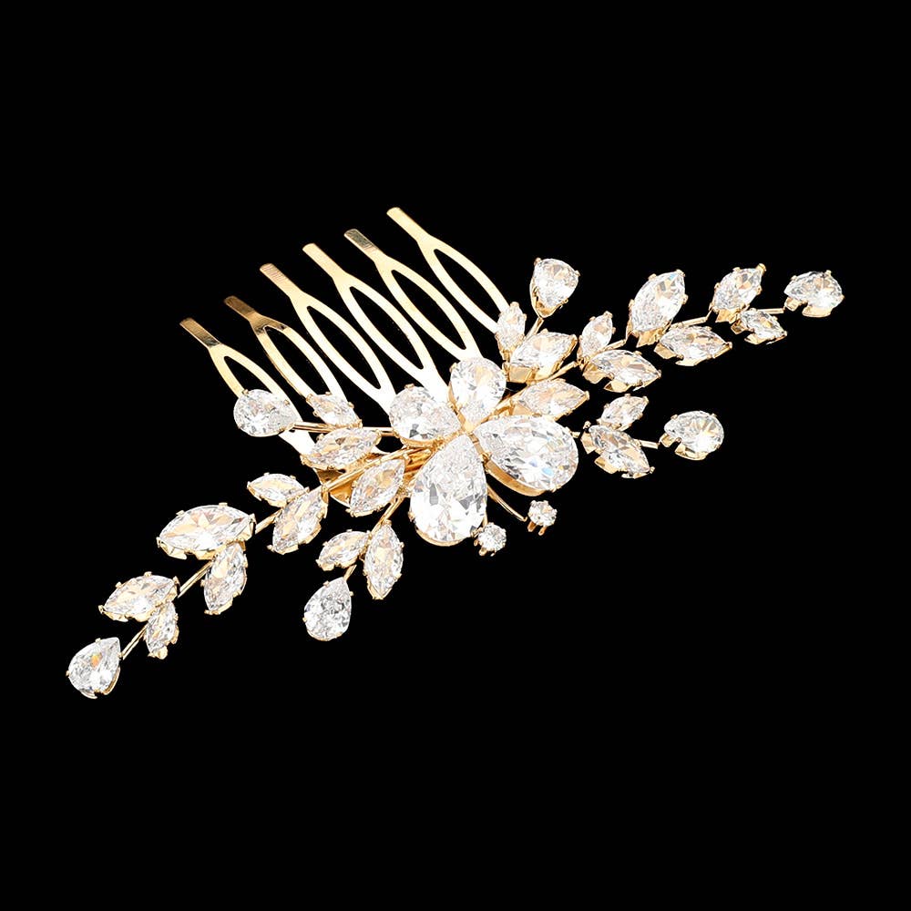 Sensibling Corp. - Elegant CZ Stone Cluster Floral Branch Hair Comb: Clear,Gold
