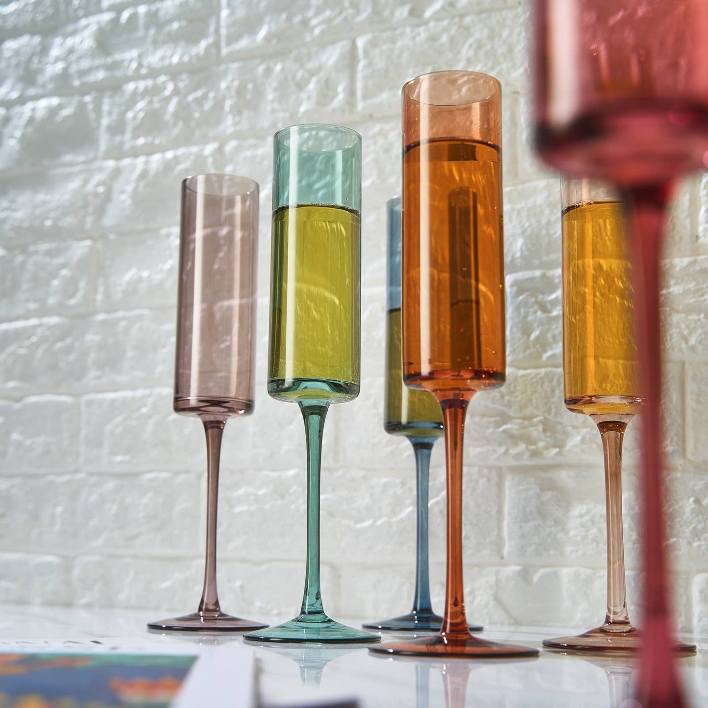 The Wine Savant /  Khen Glassware - Khen Muted Rainbow Champagne Flute Stemmed Glasses Set of 6