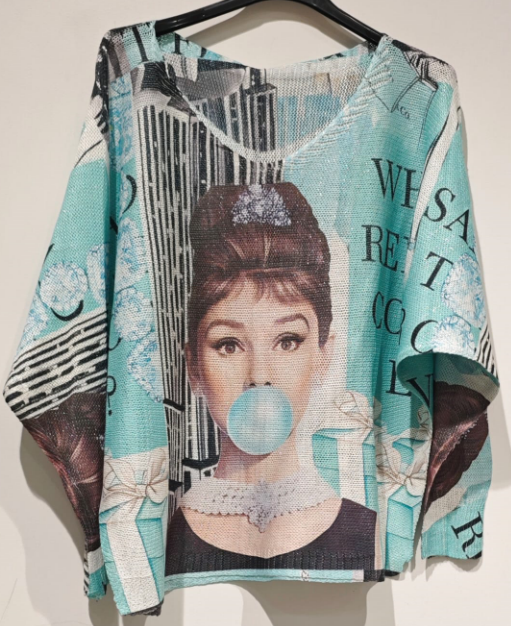 LOOWIE - POBUB Blue Bubble Gum V-Neck Knit Printed Sweater LOOWIE