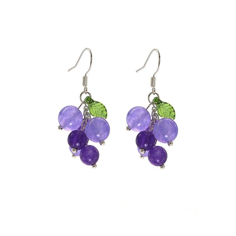 Haengseongworkshop - S925 Silver Lavender Jade Green Agate Amethyst 5-6mm Grape Leaf Dangle Earrings: Green
