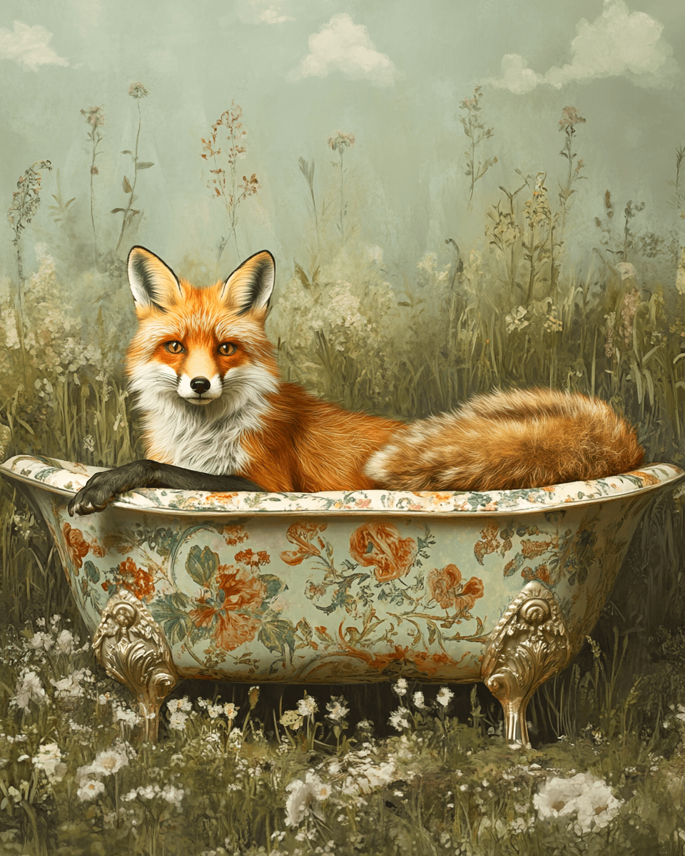 Mowbi - Fox in Bathtub - Bathroom Wall Art Prints – 8″x10″ Artwork for 11″x14″ Frame