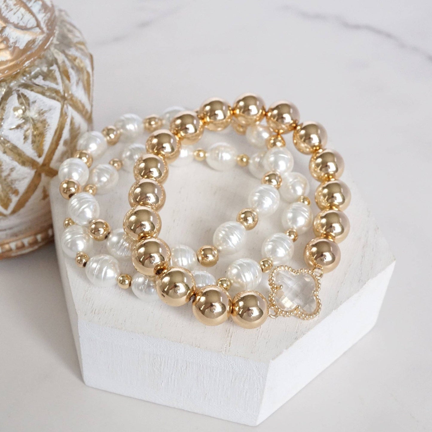 PennyLine inc - Chunky Beads & Clover Charm Statement Bracelet Set – Bold & Elegant