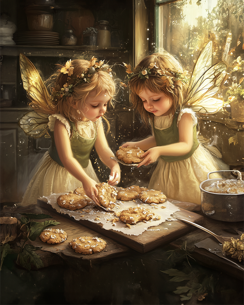 Mowbi - Fairies Making Cookies - Fairies Wall Art Prints – 8″x10″ Artwork for 11″x14″ Frame