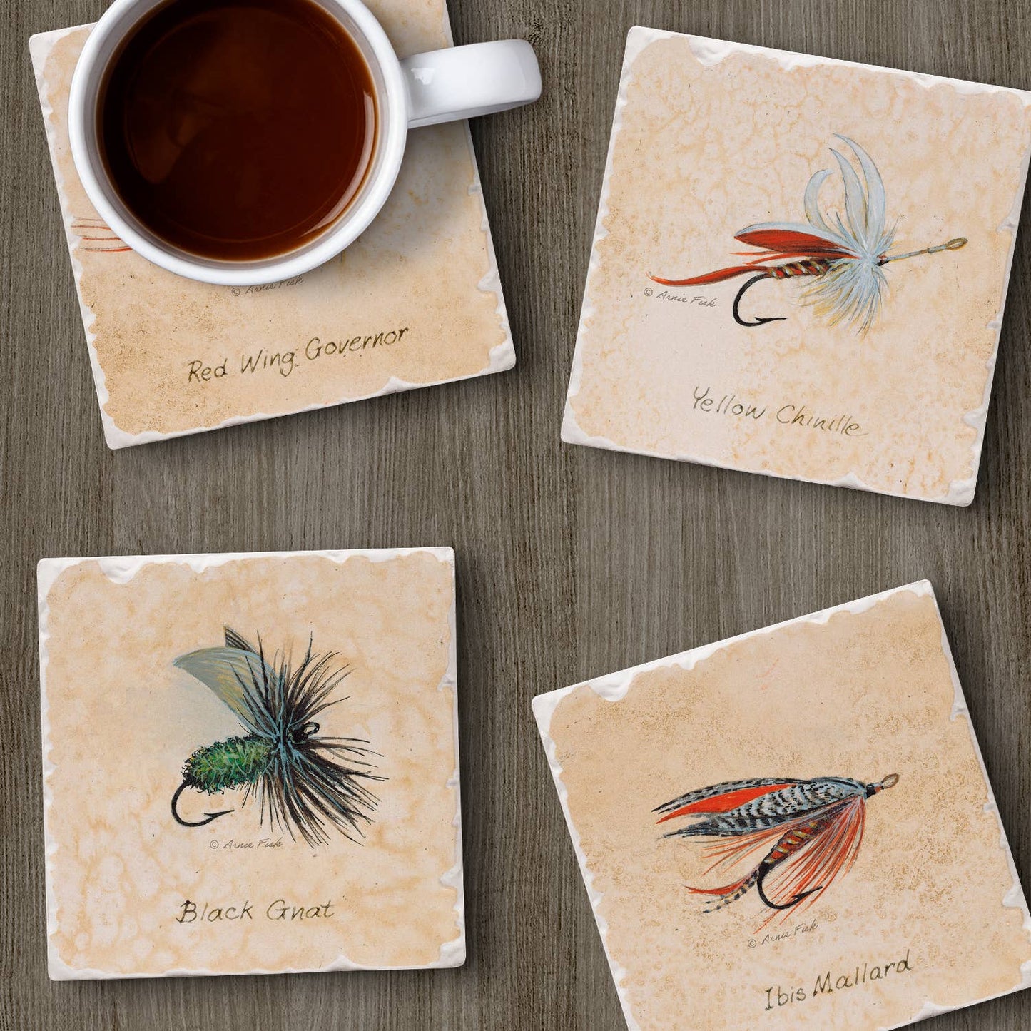 CounterArt/Highland Home/Thirstystone - "Fly Fishing Lures" 4 Pack Assorted Image Coaster Set