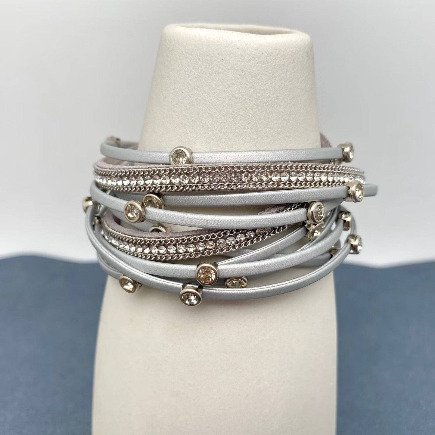 Mio Queena - Cubic Zirconia Multi-layer Leather Magnetic Buckle Bracelet - BJ: Khaki