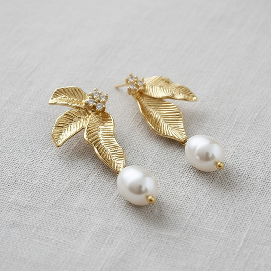 camilla dovey - Asymmetrical Freshwater Pearl and Leaf Drop Earrings