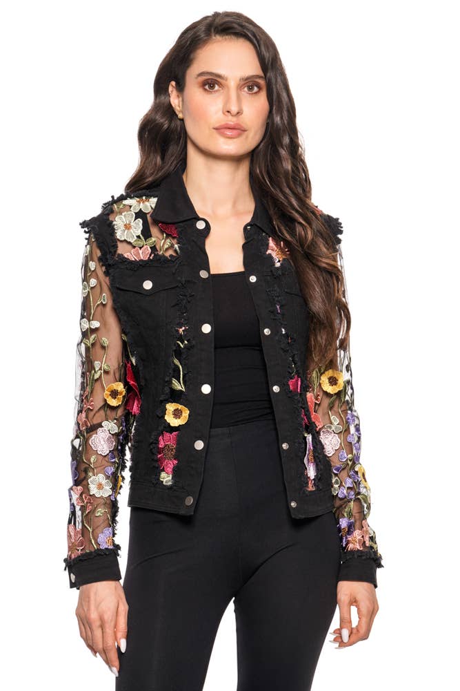 Adore - 2406B Black Denim Lace Jacket with Floral Embroidery: Black / L
