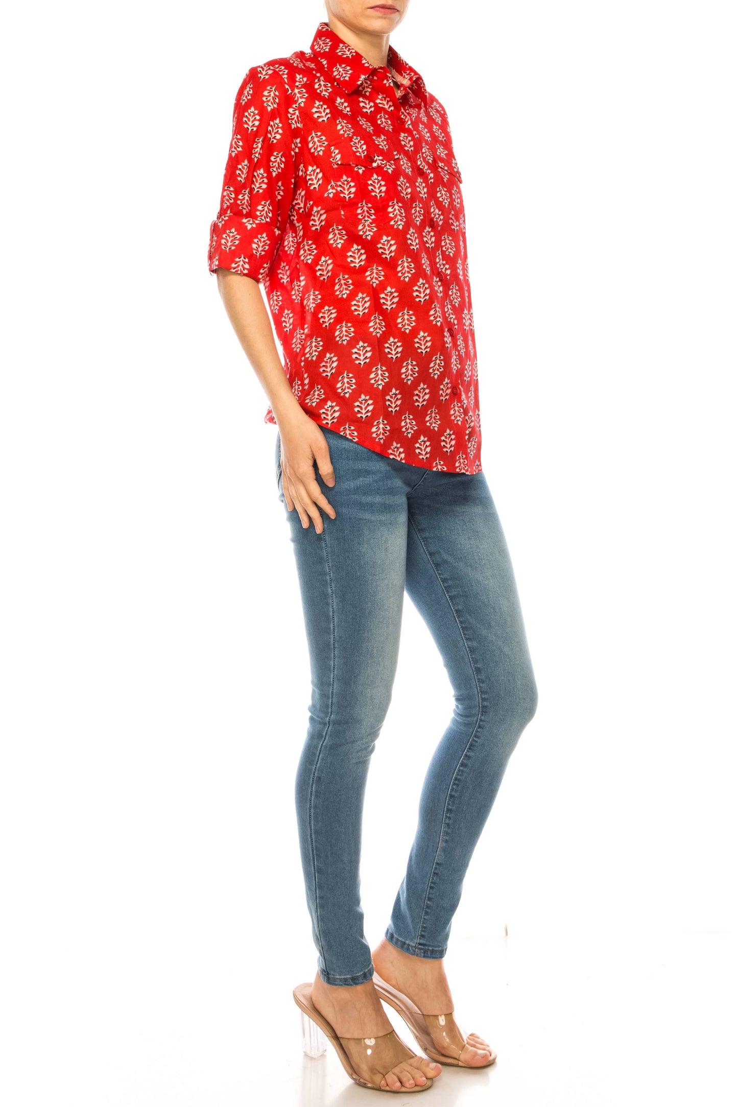 Magazine Clothing - Red Floral Button Down Shirt: Large