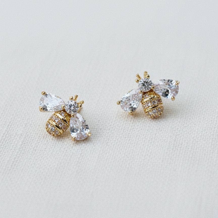 Ellemadera - Miniature Cubic Zirconia Bee Stud Earrings