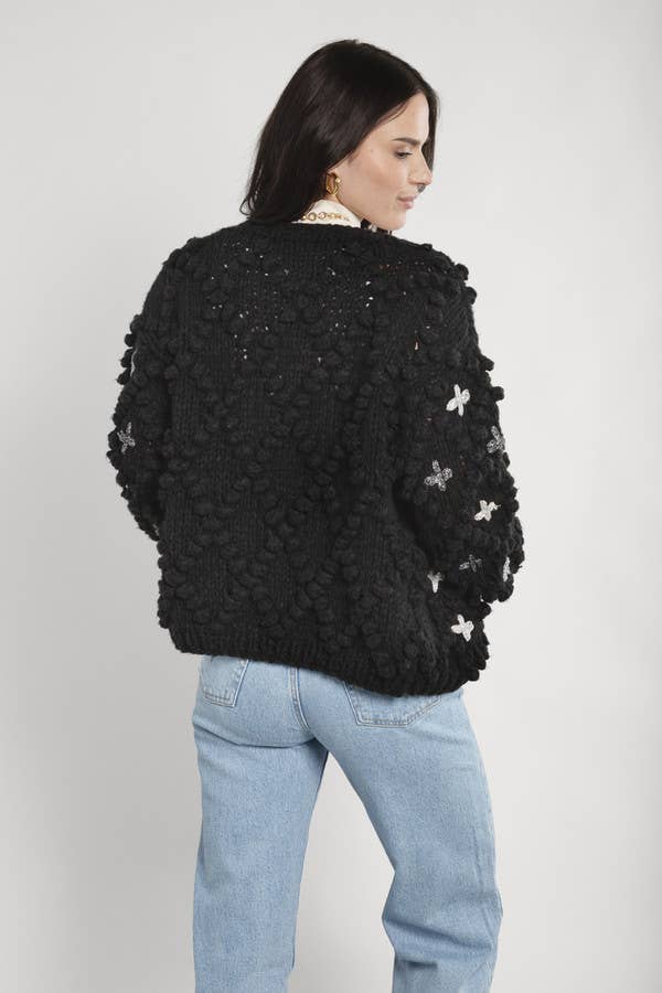 SAACHI - Knitted Cardigan Cross Pom Pom: IVORY