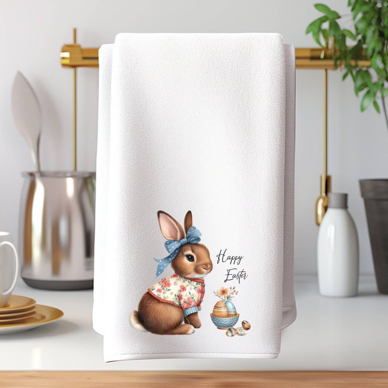 Fernville Creations - Spring Easter Hand Towel with Bunny & Eggs, Customizable: Without