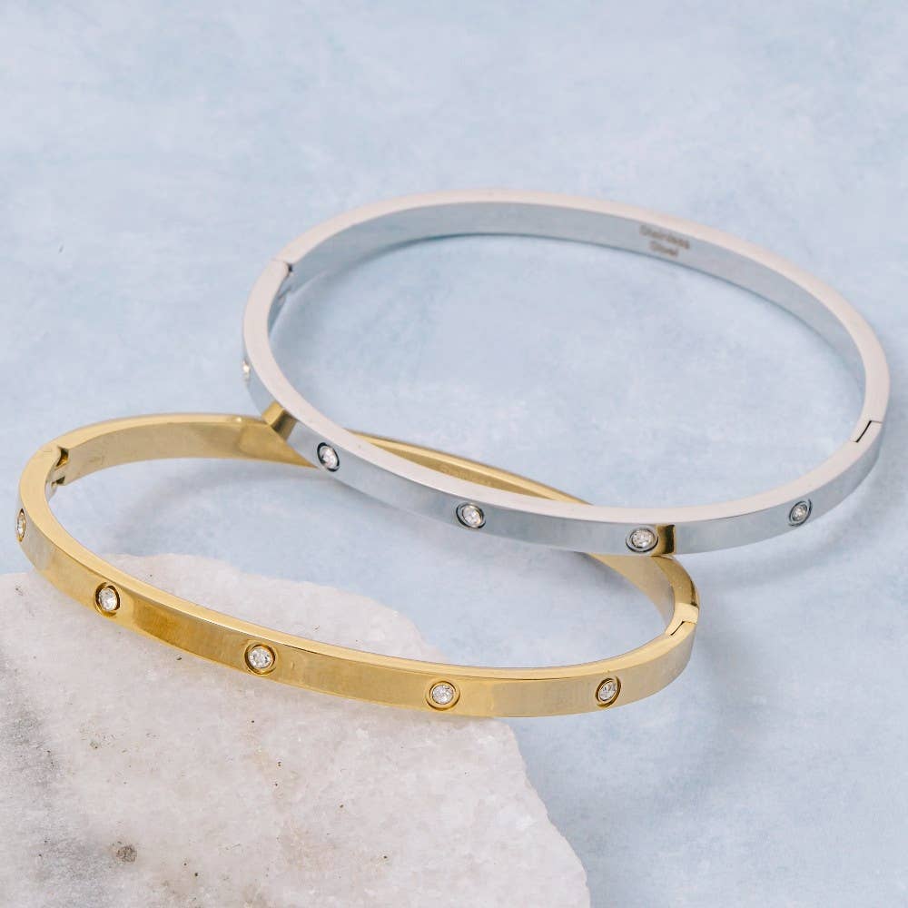 The Looks by Fame Accessories - Stainless Steel Cz Studded Gold Plated Bangle Bracelet: G